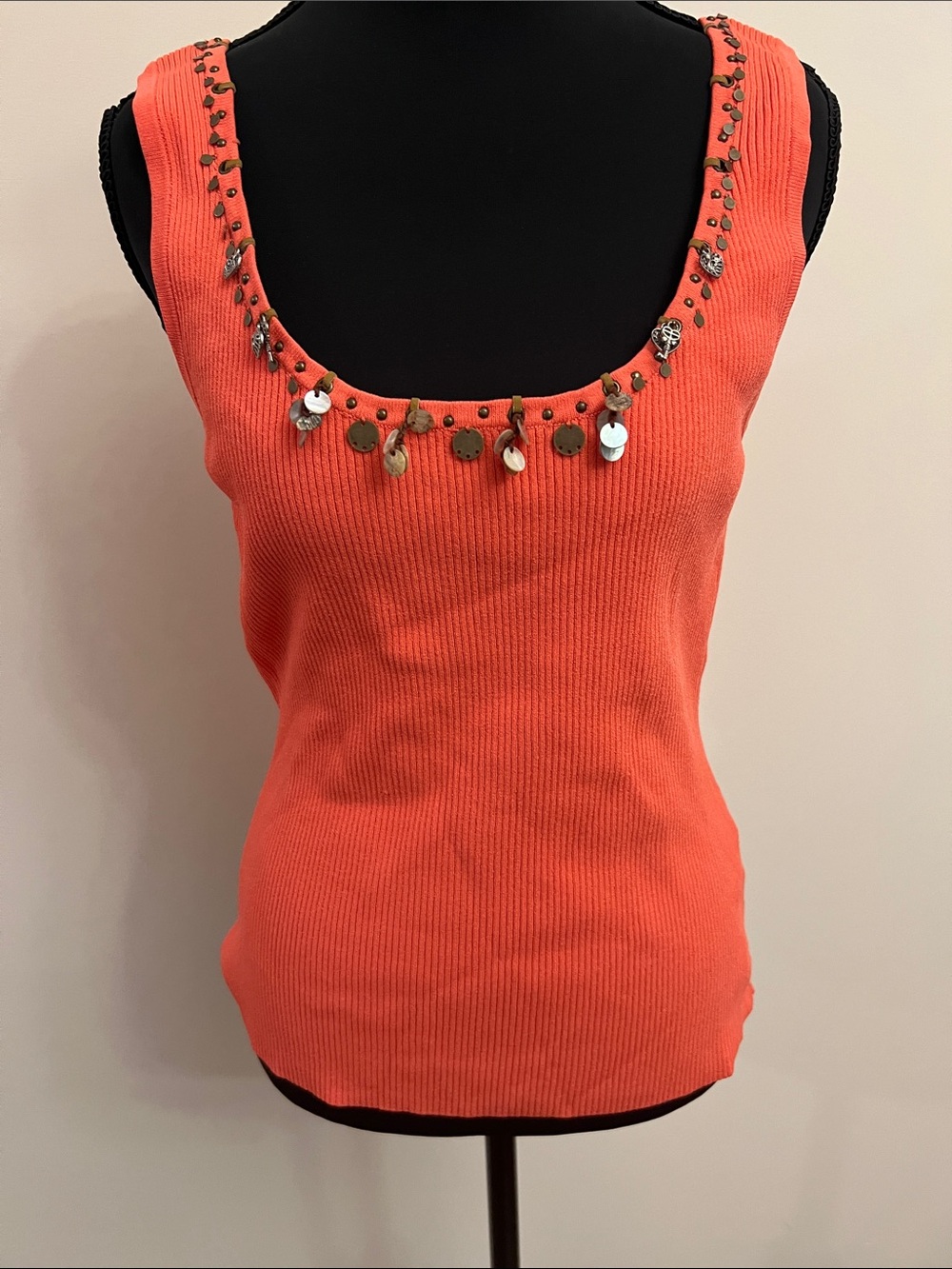 Cache Coral Ribbed Scoop Neck Tank with Bead & Sequin Trim